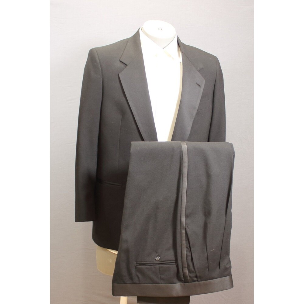 Vintage Kuppenheimer Tuxedo 2 pc Suit Mens Black Solid Wool 1 Btn 42R 36" Waist - Picture 2 of 12